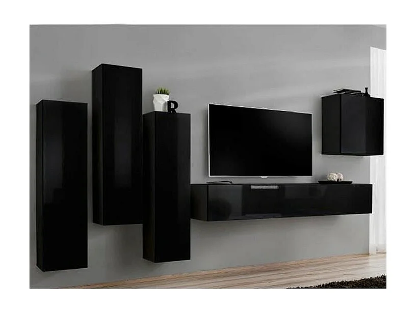 Woonkamerset SWITCH III - Hoogglans Zwart - Design TV-meubel en zwevende opbergkasten