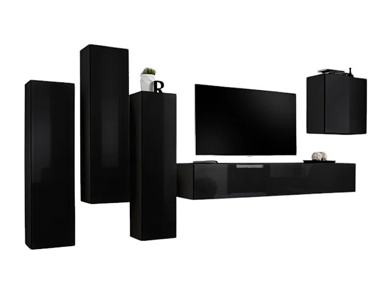 Woonkamerset SWITCH III - Hoogglans Zwart - Design TV-meubel en zwevende opbergkasten