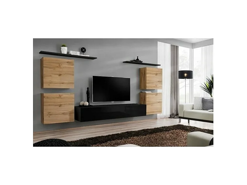 Wohnzimmermöbel-Set SWITCH IV im Design, Farbe glänzend Schwarz und Wotan-Eiche.