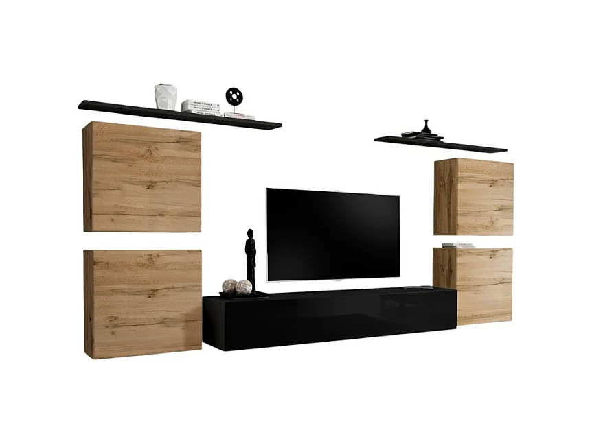 Ensemble meuble salon SWITCH IV design, coloris noir brillant et chêne Wotan.