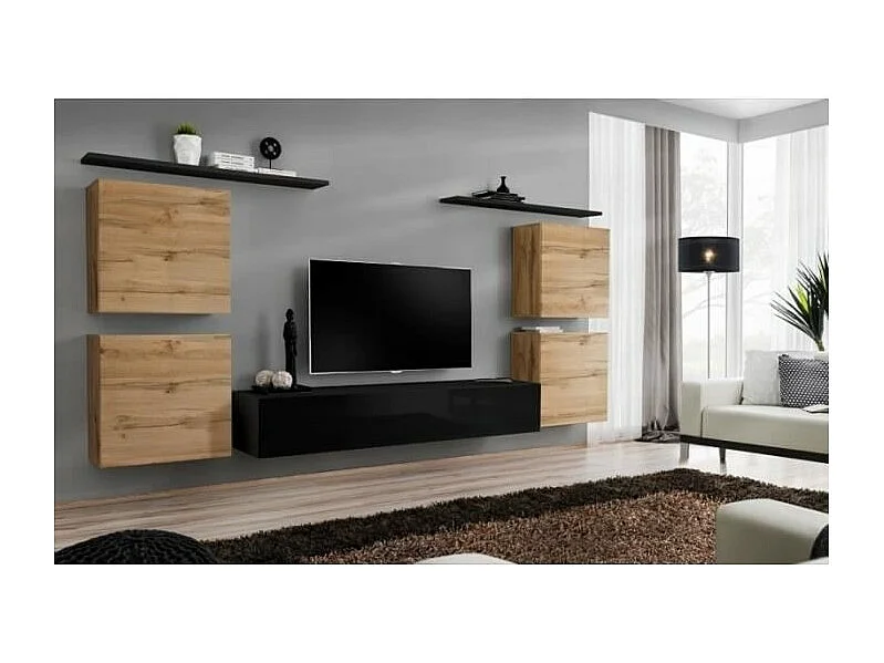 Ensemble meuble salon SWITCH IV design, coloris noir brillant et chêne Wotan.