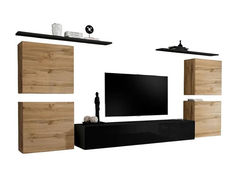 Ensemble meuble salon SWITCH IV design, coloris noir brillant et chêne Wotan.