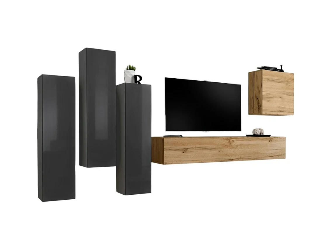 Designermöbel-Set für das Wohnzimmer, Kollektion SWITCH III. Farben in glänzendem Grau und Wotan-Eiche.