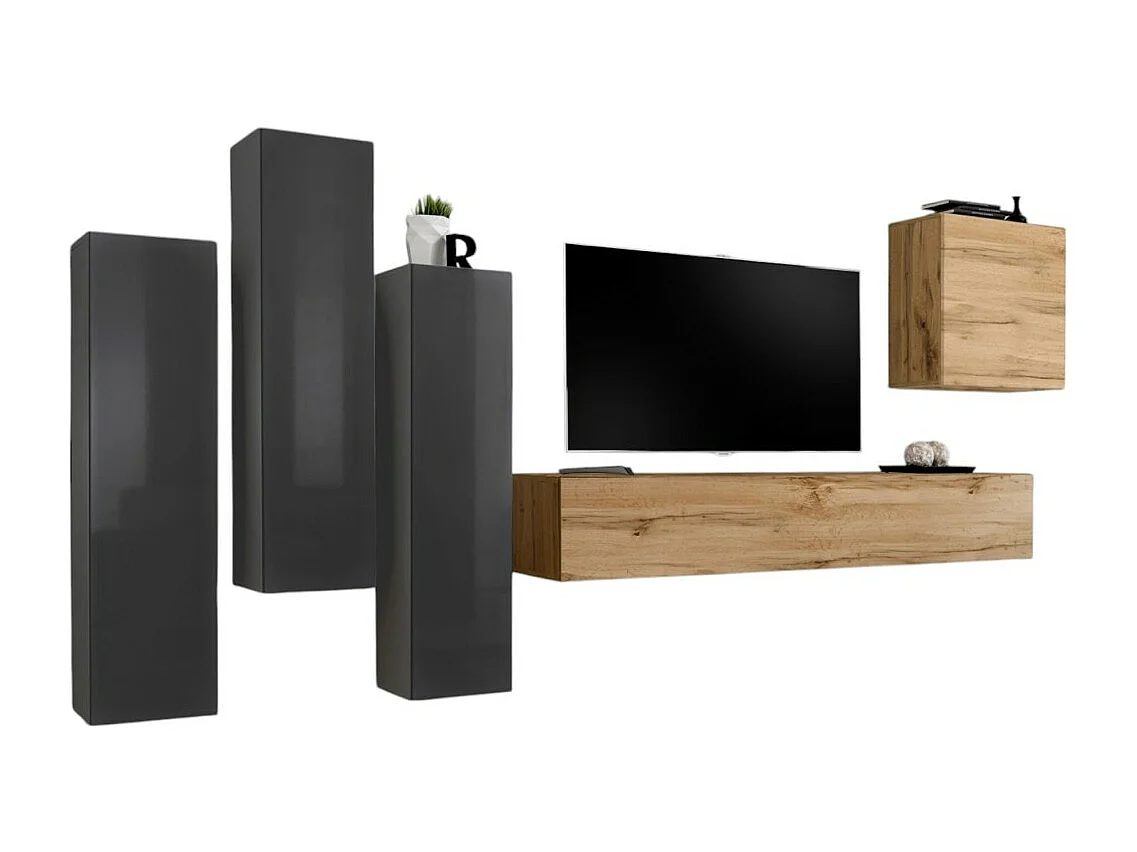 Ensemble de meubles de salon design collection SWITCH III. Coloris gris brillant et chêne Wotan