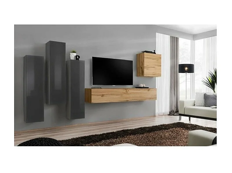 Ensemble de meubles de salon design collection SWITCH III. Coloris gris brillant et chêne Wotan