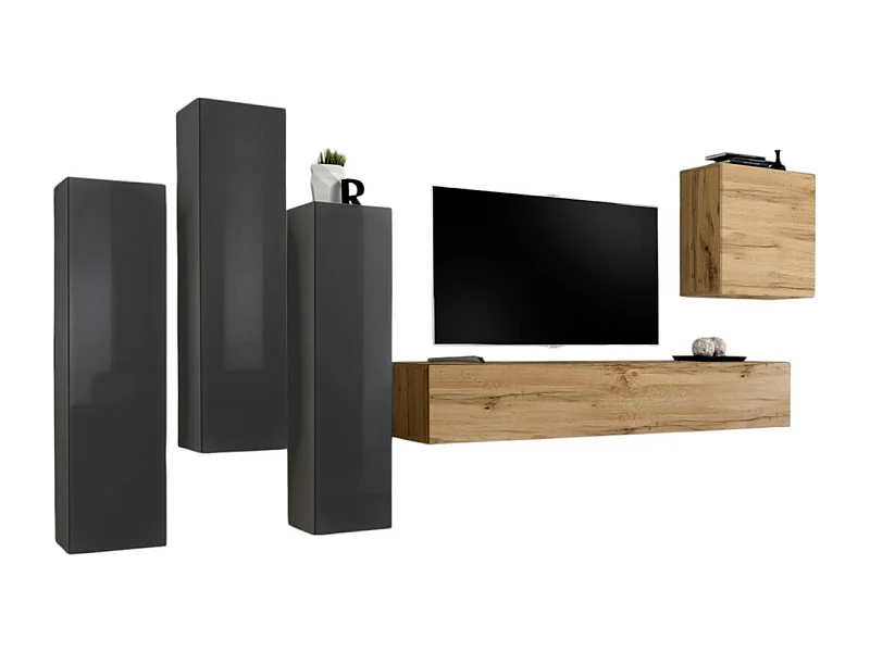 Ensemble de meubles de salon design collection SWITCH III. Coloris gris brillant et chêne Wotan