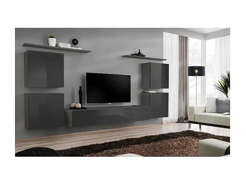 Ensemble meuble salon SWITCH IV design, coloris gris brillant.