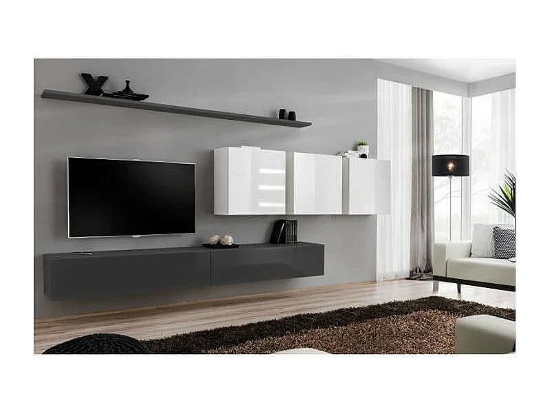 Ensemble meuble salon SWITCH VII design, coloris gris et blanc brillant.