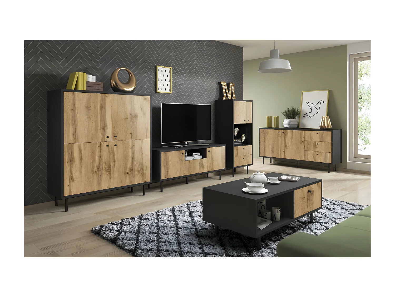 Ensemble de salon style industriel SPEBO coloris noir mat et chêne.