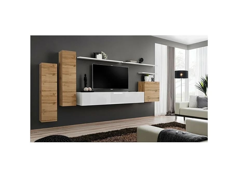 Wohnzimmermöbel-Set der Kollektion SWITCH I, Design in Eichenoptik und Hochglanz Weiß.