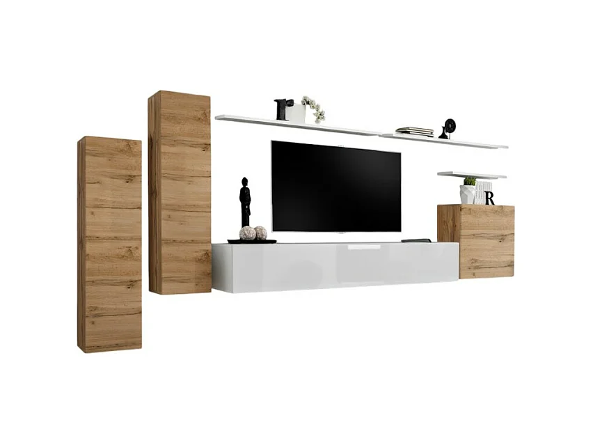 Ensemble de meubles de salon collection SWITCH I design, coloris chêne et blanc brillant.