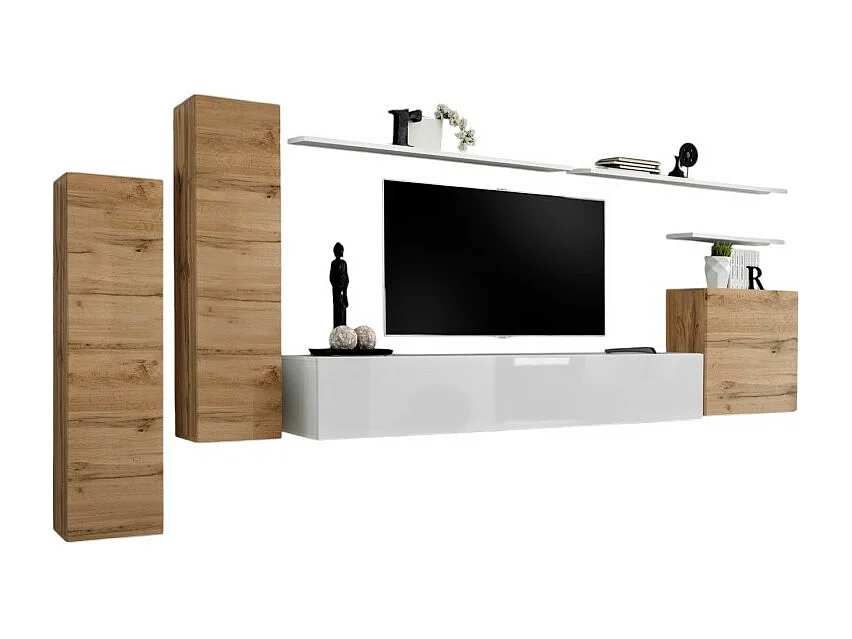 Ensemble de meubles de salon collection SWITCH I design, coloris chêne et blanc brillant.