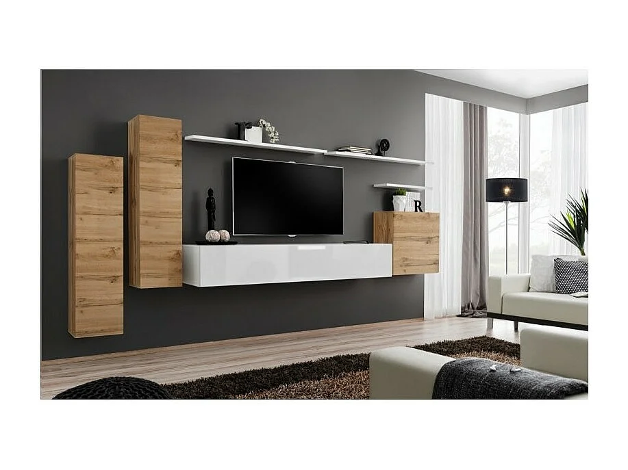 Ensemble de meubles de salon collection SWITCH I design, coloris chêne et blanc brillant.