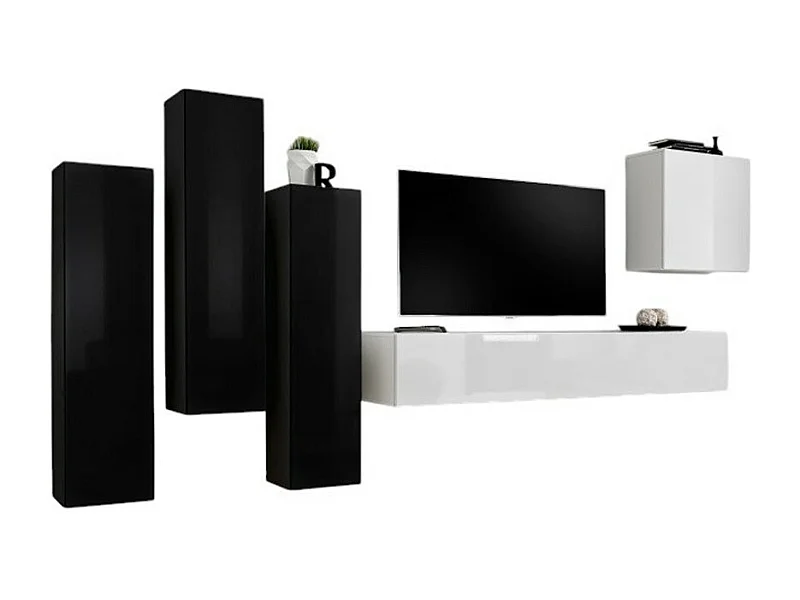 Salonmeubelset SWITCH III – Modern ontwerp – Glanzend zwart en wit – Hangende TV-meubel en opbergruimtes
