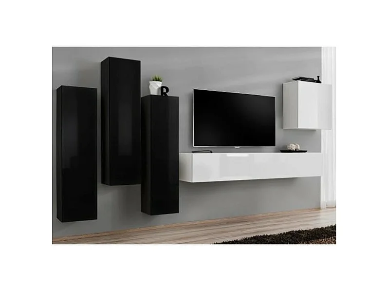 Conjunto de muebles de salón SWITCH III – Diseño moderno – Negro y blanco brillante – Mueble para TV y almacenajes colgantes