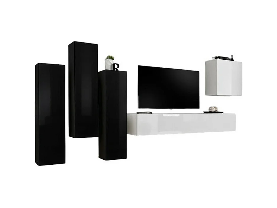 Salonmeubelset SWITCH III – Modern ontwerp – Glanzend zwart en wit – Hangende TV-meubel en opbergruimtes