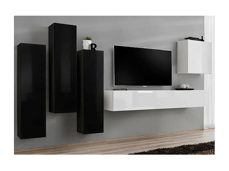 Ensemble meubles de salon SWITCH III – Design moderne – Noir et blanc brillant – Meuble TV et rangements suspendus