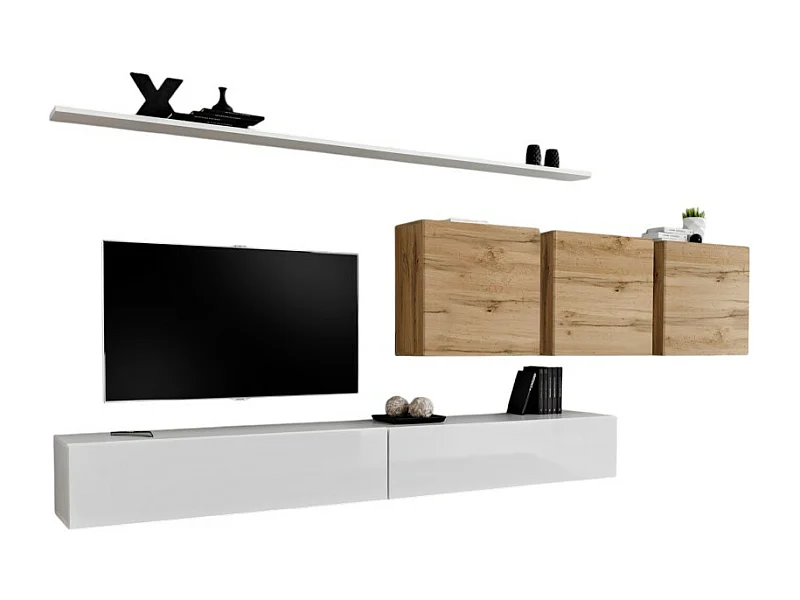 Conjunto de móveis para sala de estar SWITCH VII design, cor branca brilhante e carvalho Wotan.