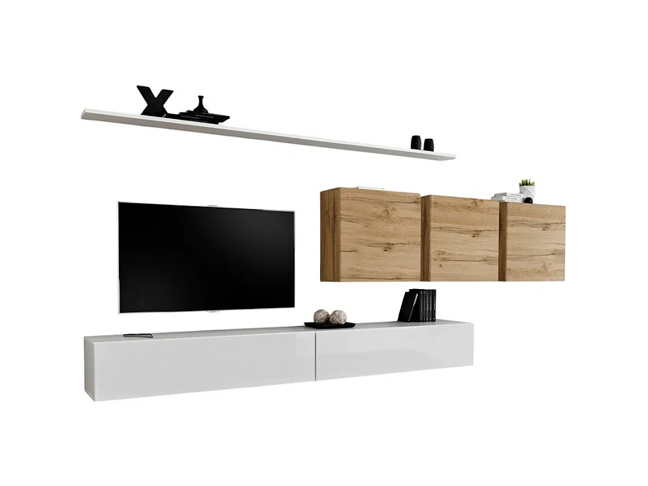Ensemble meuble salon SWITCH VII design, coloris blanc brillant et chêne Wotan.