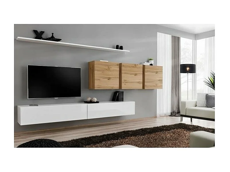 Ensemble meuble salon SWITCH VII design, coloris blanc brillant et chêne Wotan.