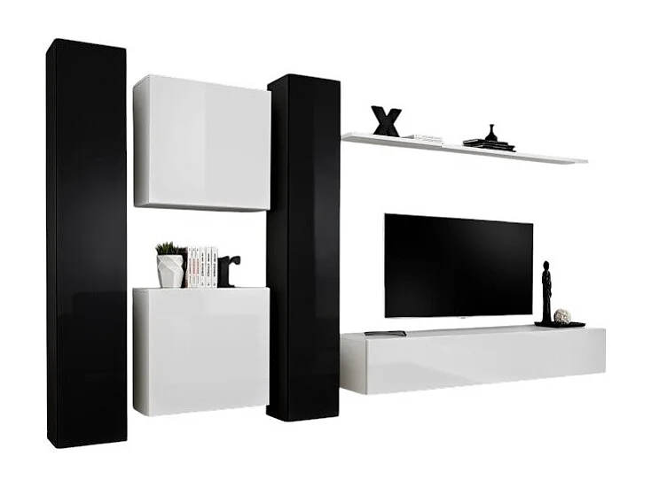 Conjunto de muebles de salón SWITCH VI diseño, color blanco y negro brillante.