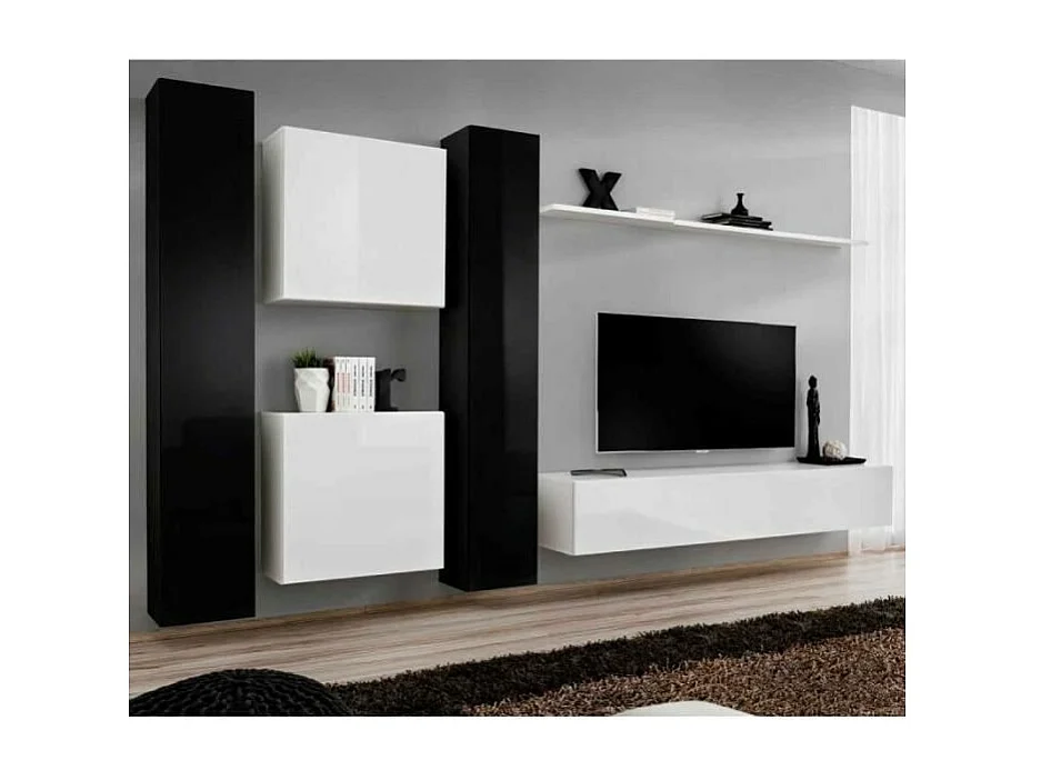 Ensemble meuble salon SWITCH VI design, coloris blanc et noir brillant.