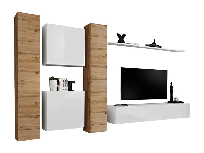 Conjunto de muebles de salón mural SWITCH VI de diseño, en colores blanco brillante y roble Wotan.