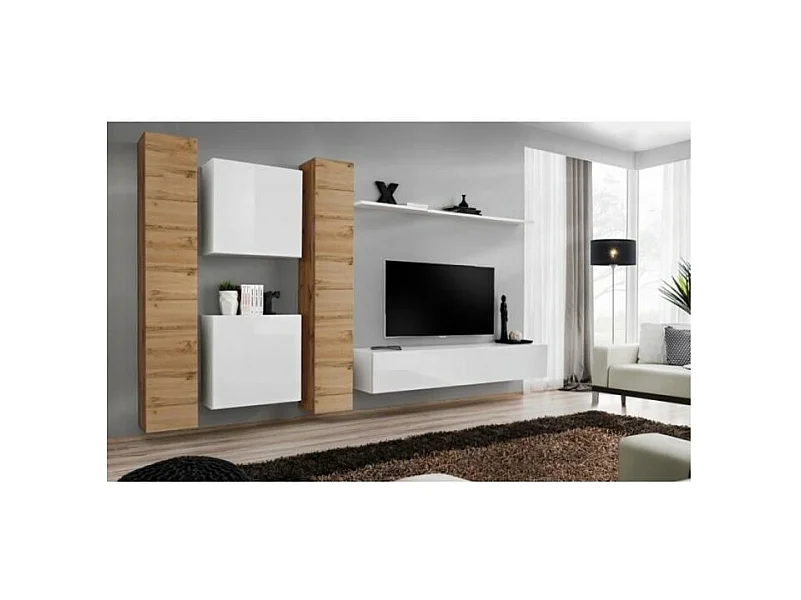 Conjunto de muebles de salón mural SWITCH VI de diseño, en colores blanco brillante y roble Wotan.