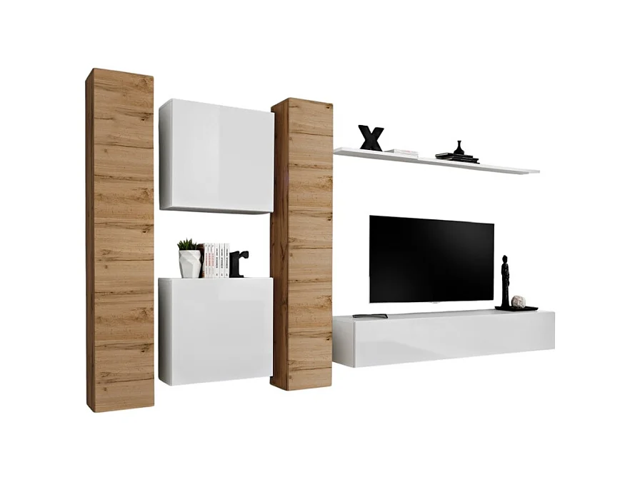 Wandmeubelset voor de woonkamer SWITCH VI design, in hoogglans wit en Wotan eiken kleur.