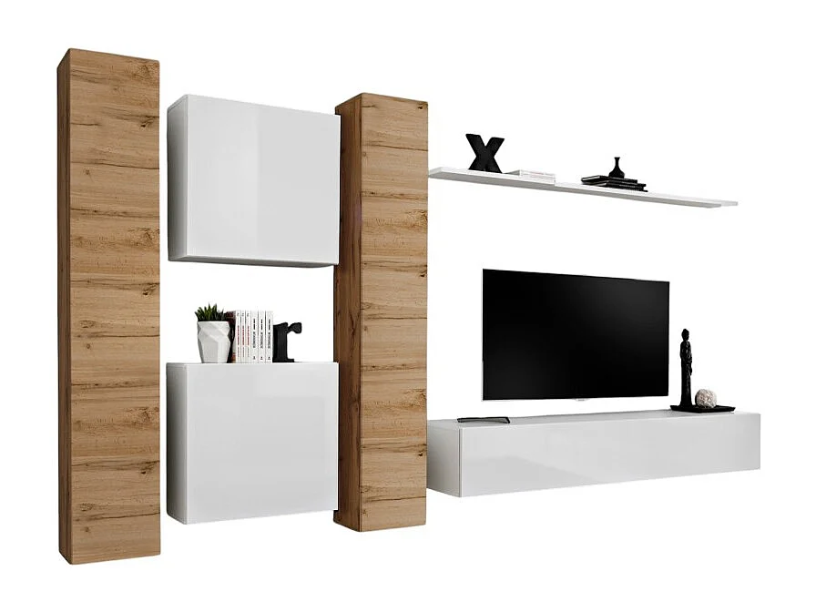 Ensemble meuble salon mural SWITCH VI design, coloris blanc brillant et chêne Wotan.
