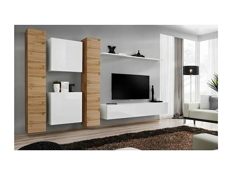 Ensemble meuble salon mural SWITCH VI design, coloris blanc brillant et chêne Wotan.