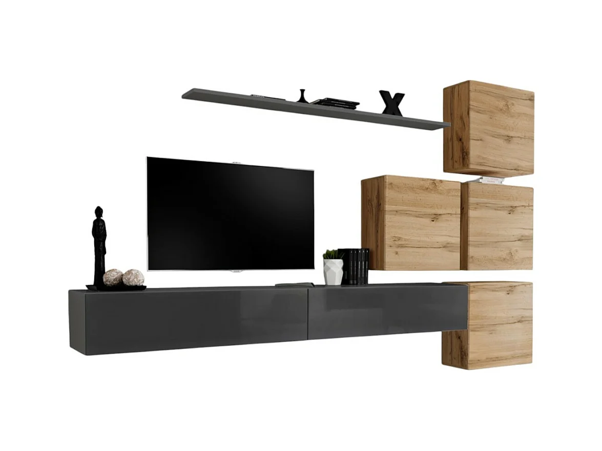 Ensemble meuble salon mural SWITCH IX design, coloris gris brillant et chêne Wotan.