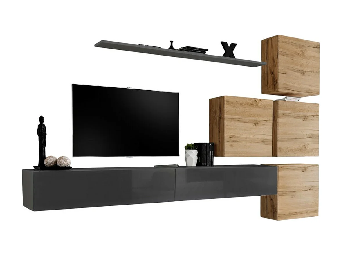 Ensemble meuble salon mural SWITCH IX design, coloris gris brillant et chêne Wotan.