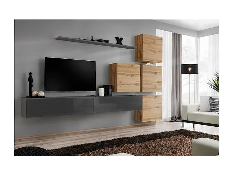 Ensemble meuble salon mural SWITCH IX design, coloris gris brillant et chêne Wotan.