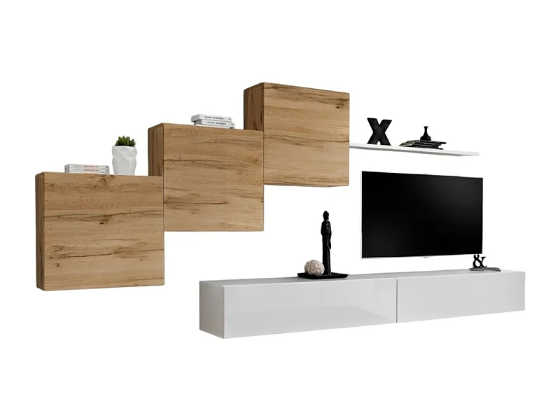 Wohnzimmerwand-Set SWITCH X im Design, Hochglanz weiß und Wotan-Eiche.