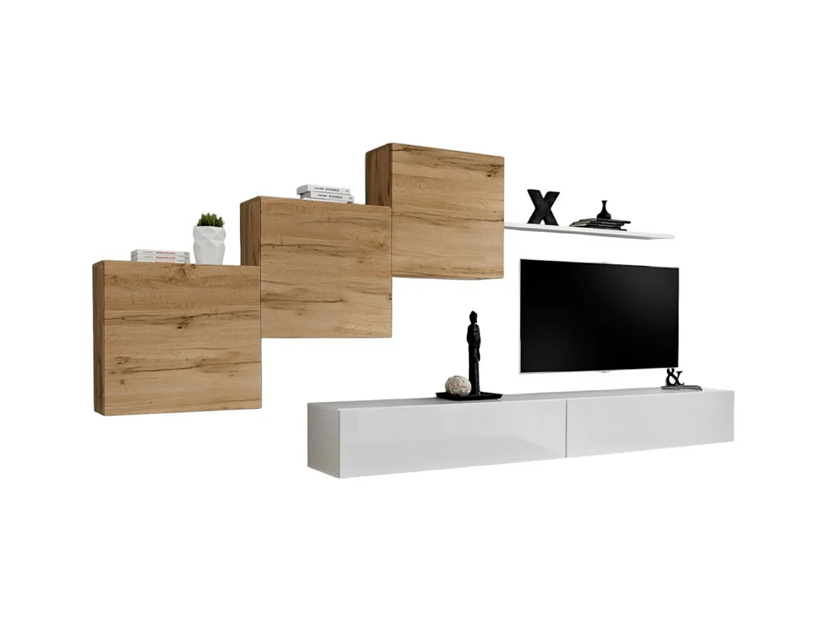 Ensemble meuble salon mural SWITCH X design, coloris blanc brillant et chêne Wotan.