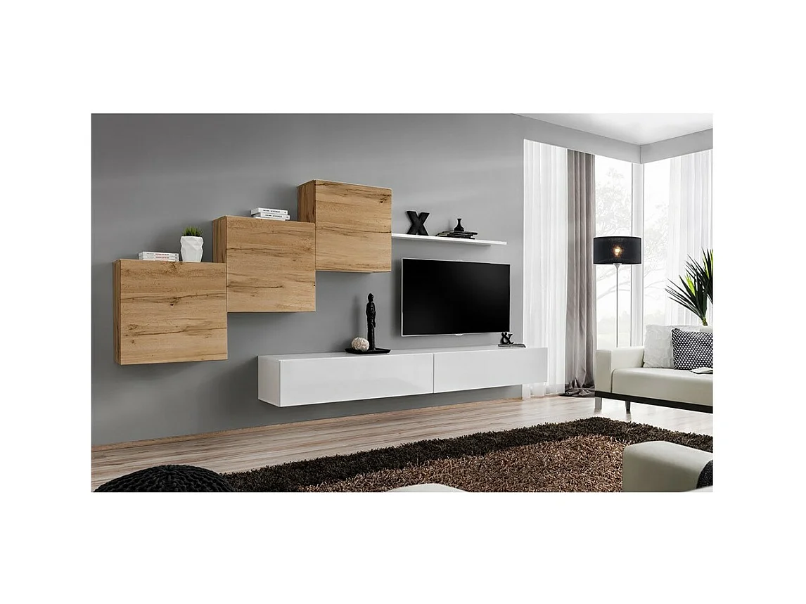 Ensemble meuble salon mural SWITCH X design, coloris blanc brillant et chêne Wotan.