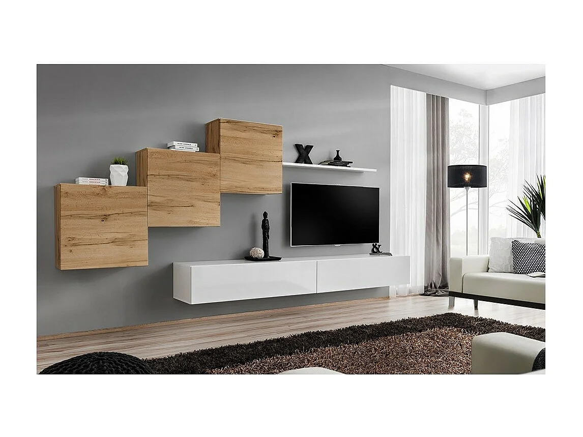 Wandmeubel set voor de woonkamer SWITCH X design, in hoogglans wit en Wotan eiken kleur.
