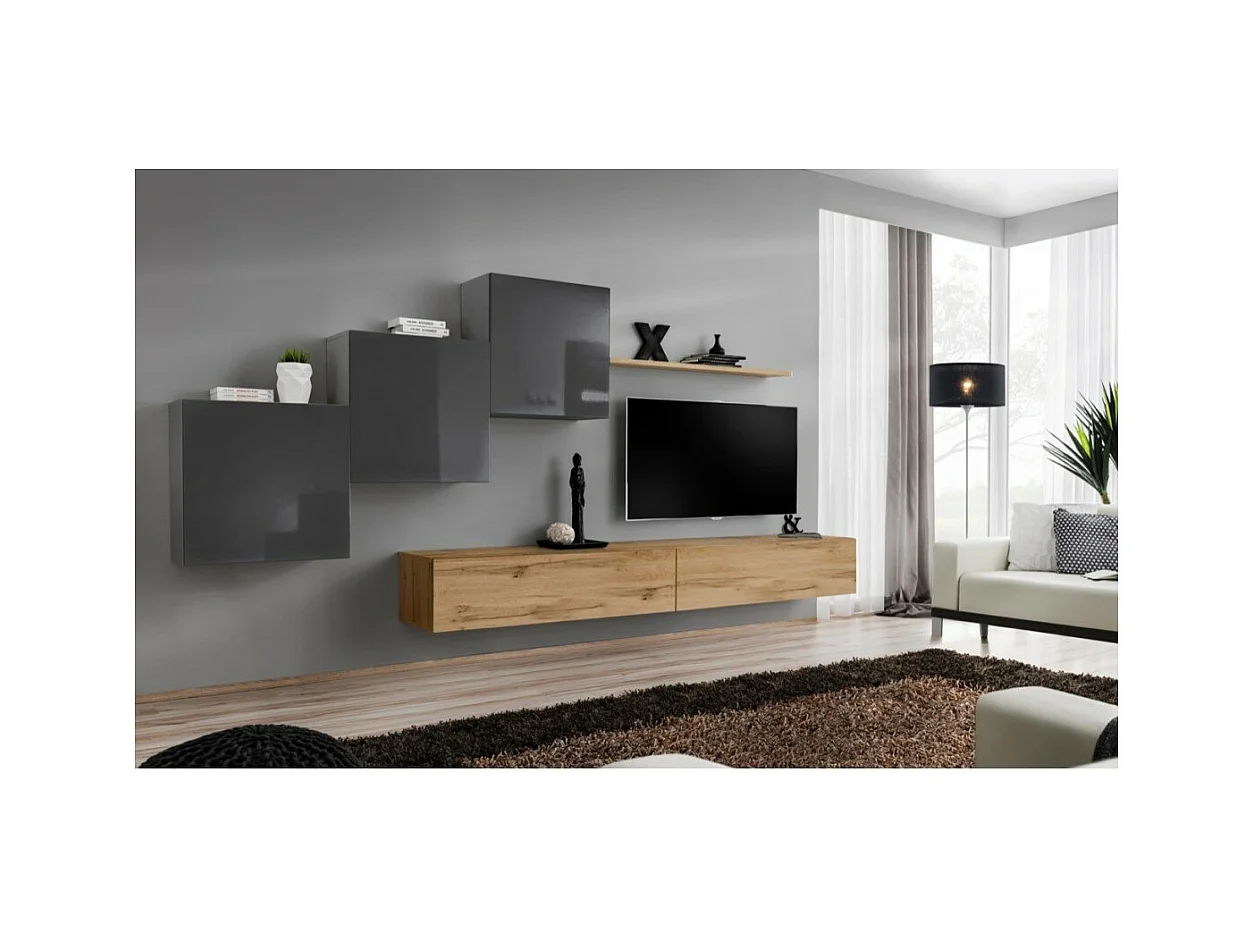 Conjunto de móveis de parede para sala de estar SWITCH X, design, cores carvalho Wotan e cinza brilhante.