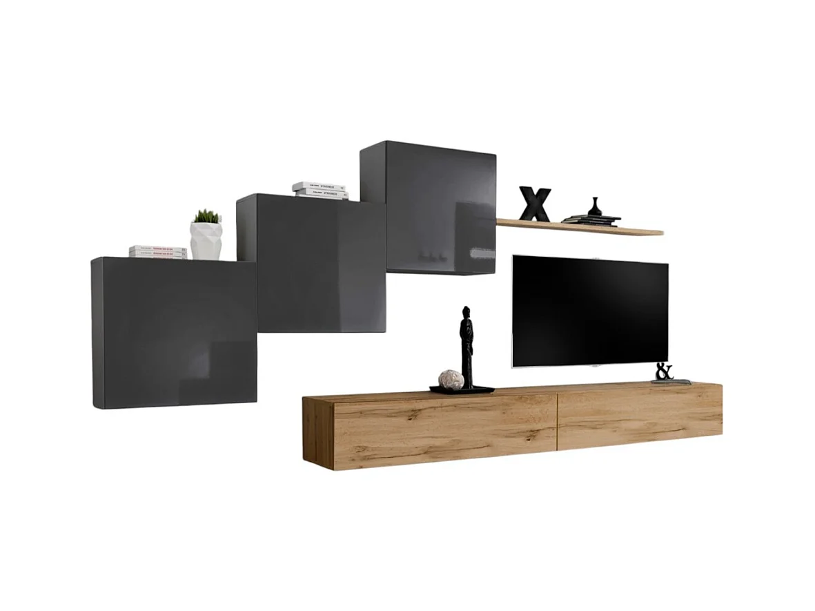 Ensemble meuble salon mural SWITCH X design, coloris chêne Wotan et gris brillant.