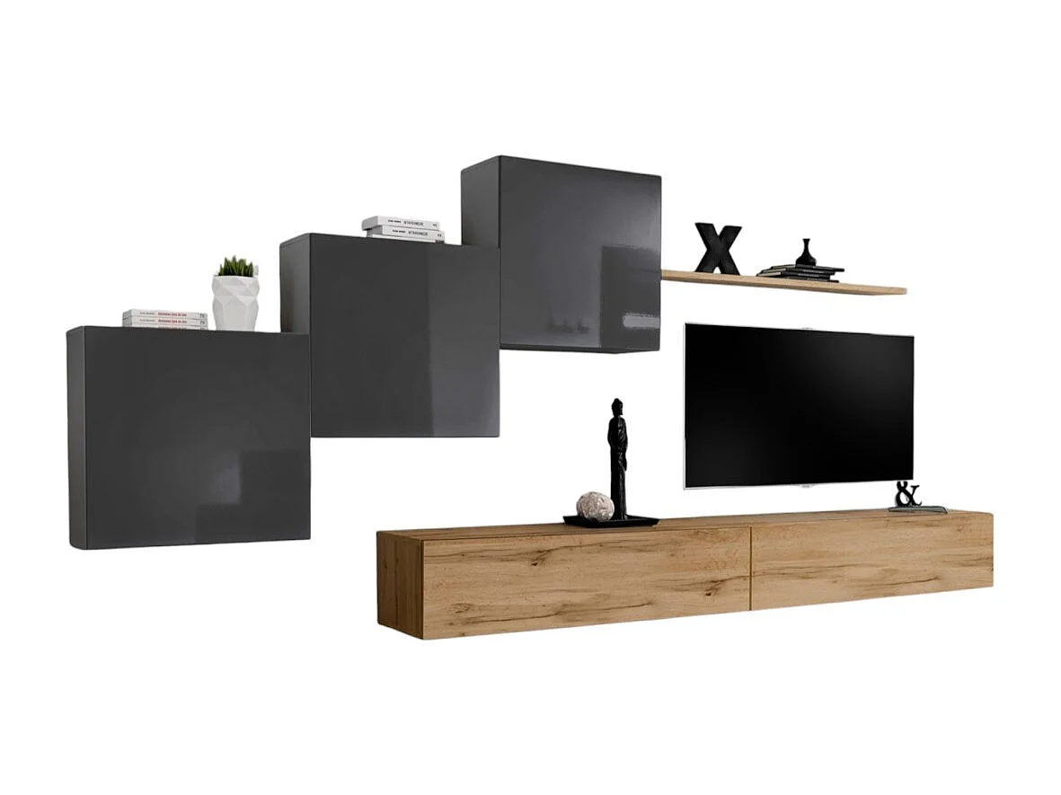 Wandmeubelset voor de woonkamer SWITCH X design, in Wotan eiken en glanzend grijs.