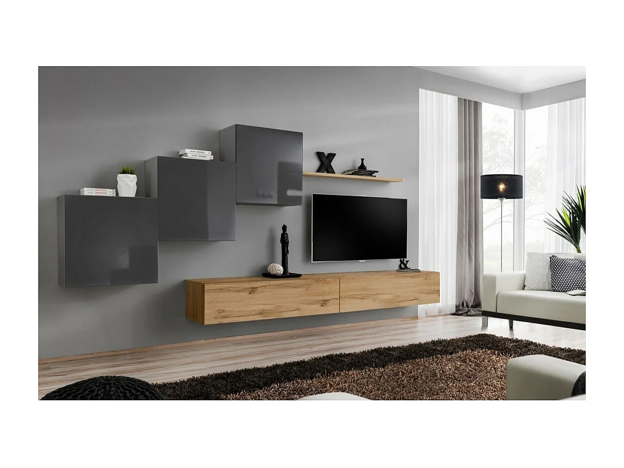 Wandmeubelset voor de woonkamer SWITCH X design, in Wotan eiken en glanzend grijs.