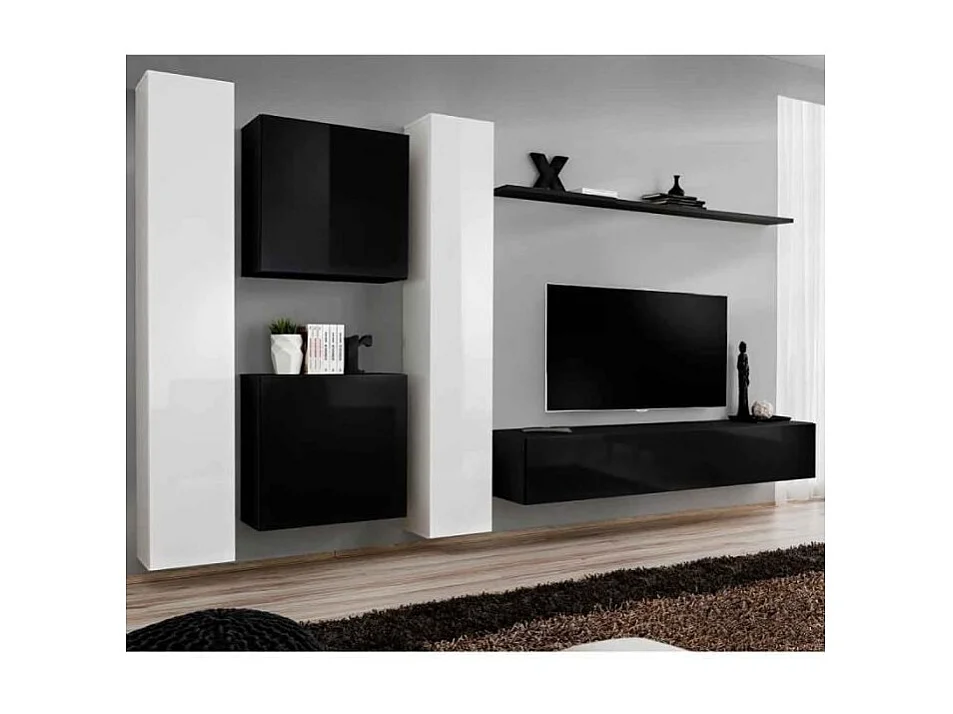 Ensemble meuble salon SWITCH VI design, coloris noir et blanc brillant.