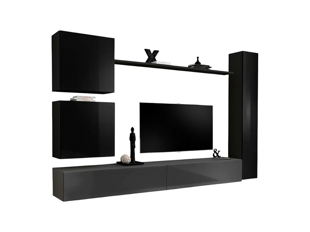 Ensemble meuble salon mural SWITCH VIII design, coloris gris et noir brillant.