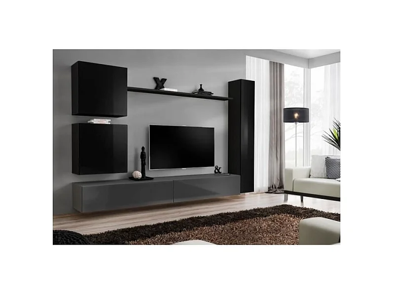 Ensemble meuble salon mural SWITCH VIII design, coloris gris et noir brillant.