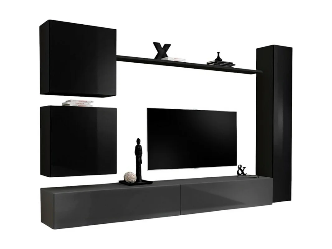 Ensemble meuble salon mural SWITCH VIII design, coloris gris et noir brillant.