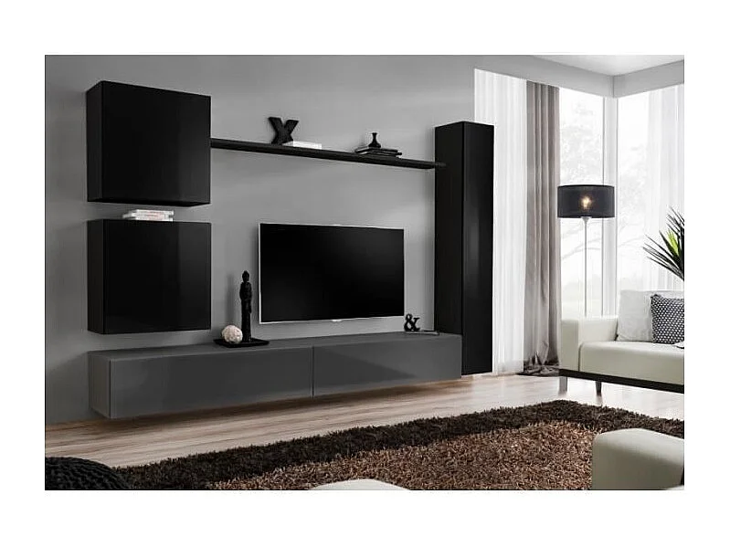Ensemble meuble salon mural SWITCH VIII design, coloris gris et noir brillant.
