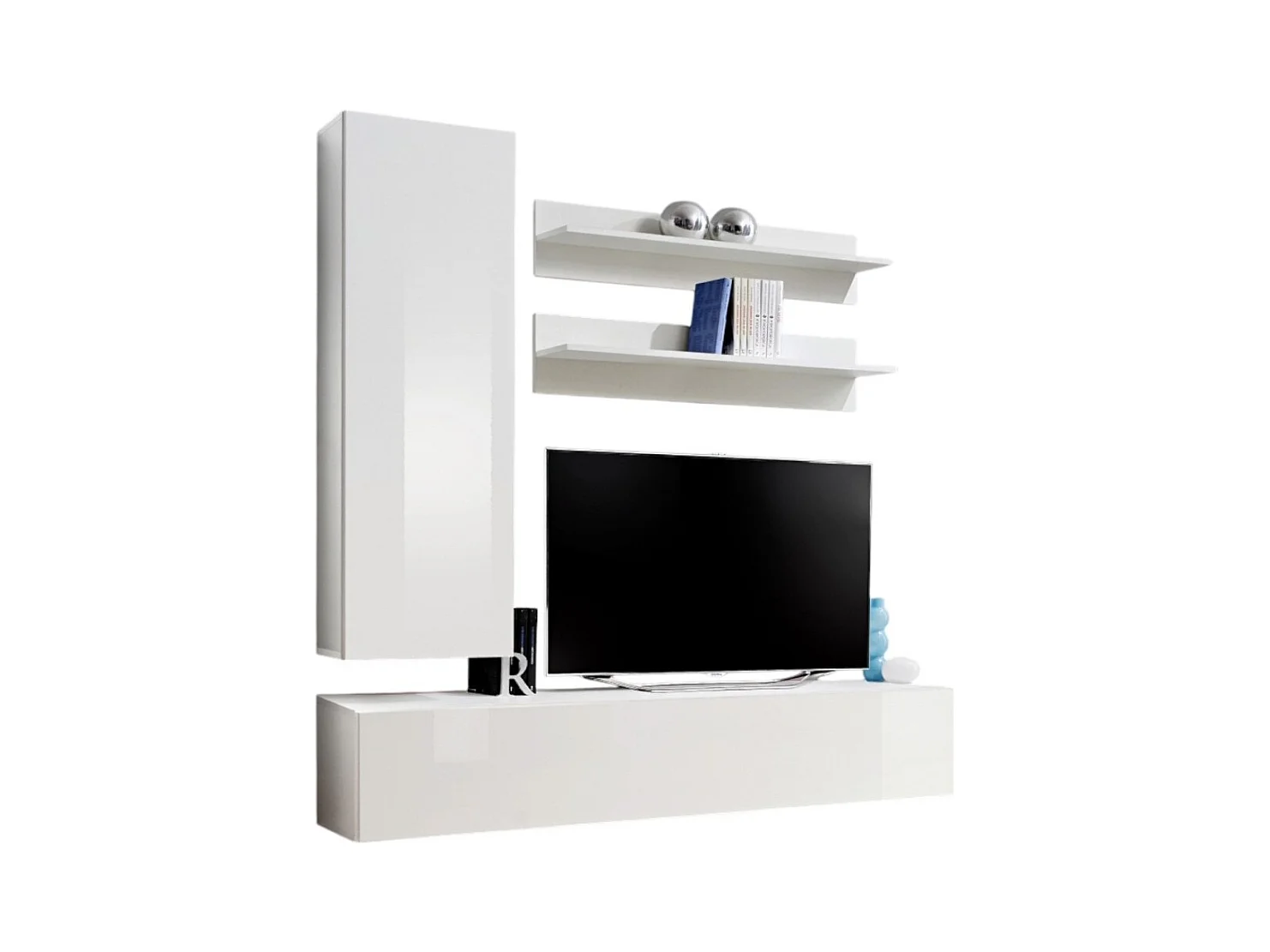 Mueble para TV FLY H1 de diseño, color blanco brillante. Mueble colgante moderno y de moda para su sala de estar.