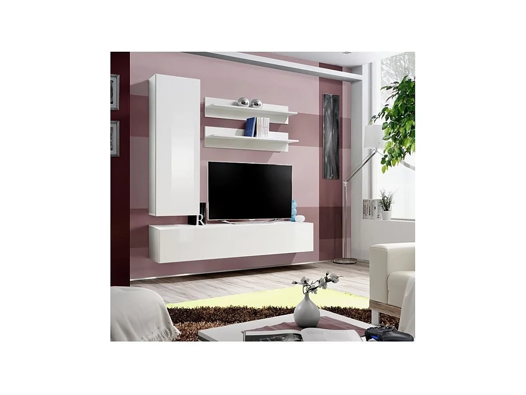 Mueble para TV FLY H1 de diseño, color blanco brillante. Mueble colgante moderno y de moda para su sala de estar.
