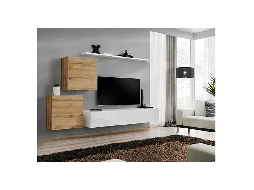 Set di mobili da salotto SWITCH V design, colore bianco lucido e quercia Wotan.